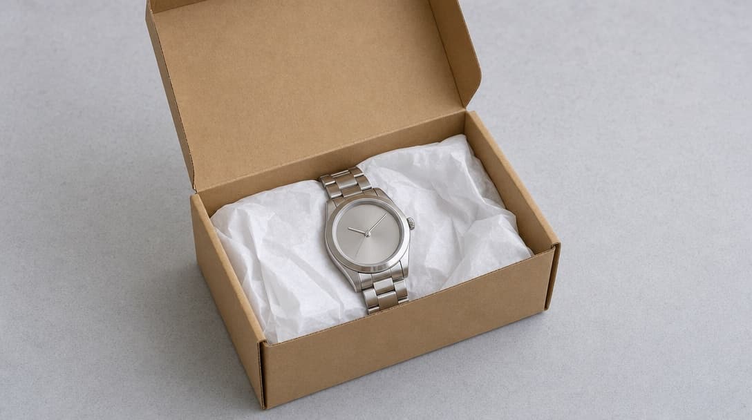 A plain unmarked cardboard box open to show a stainless-steel watch on white tissue, with no card, booklet or packaging of any kind