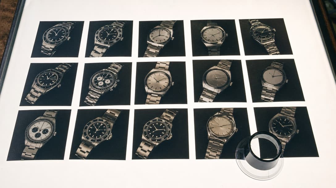 A grid of small photographic contact prints on a lit light table, each showing a stainless-steel watch from a different angle, with a loupe resting on one corner