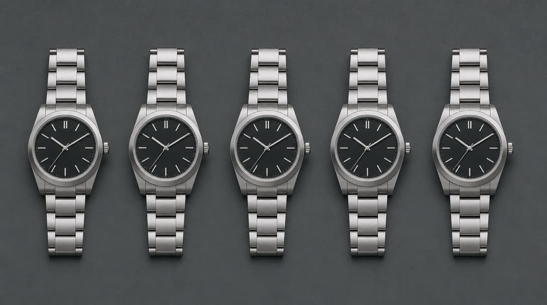 Five identical stainless-steel watches with black dials in a straight evenly spaced row, photographed from above