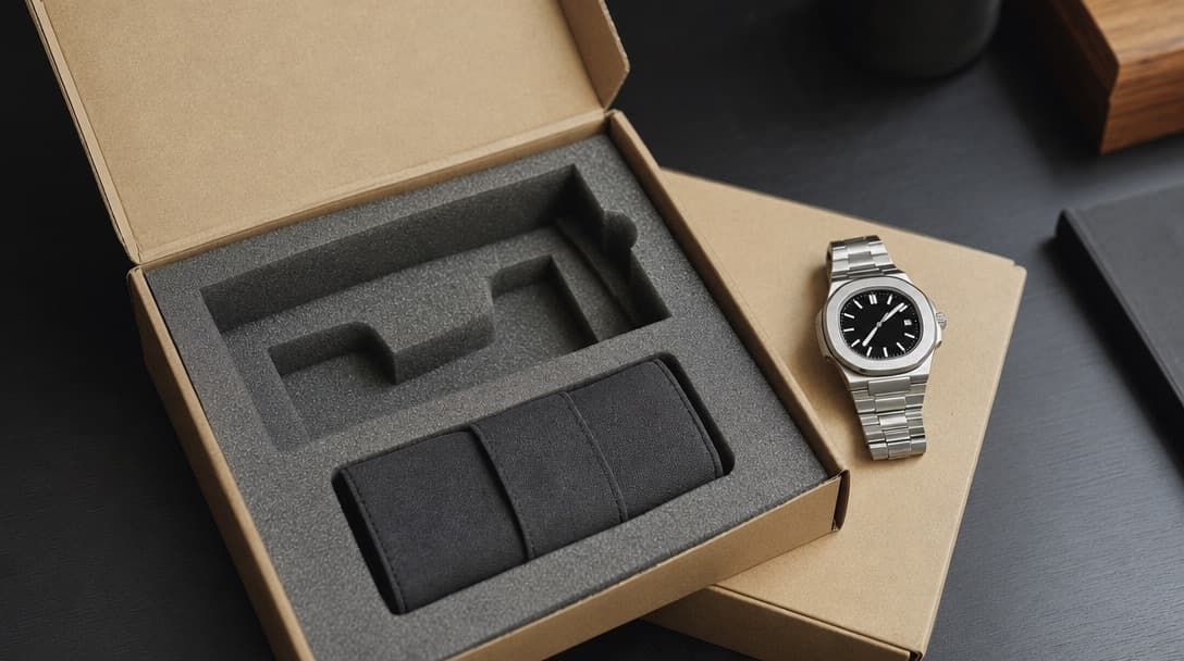 A shipping box opened on a dark desk with protective foam, a watch pouch and a stainless-steel sports watch resting on the lid