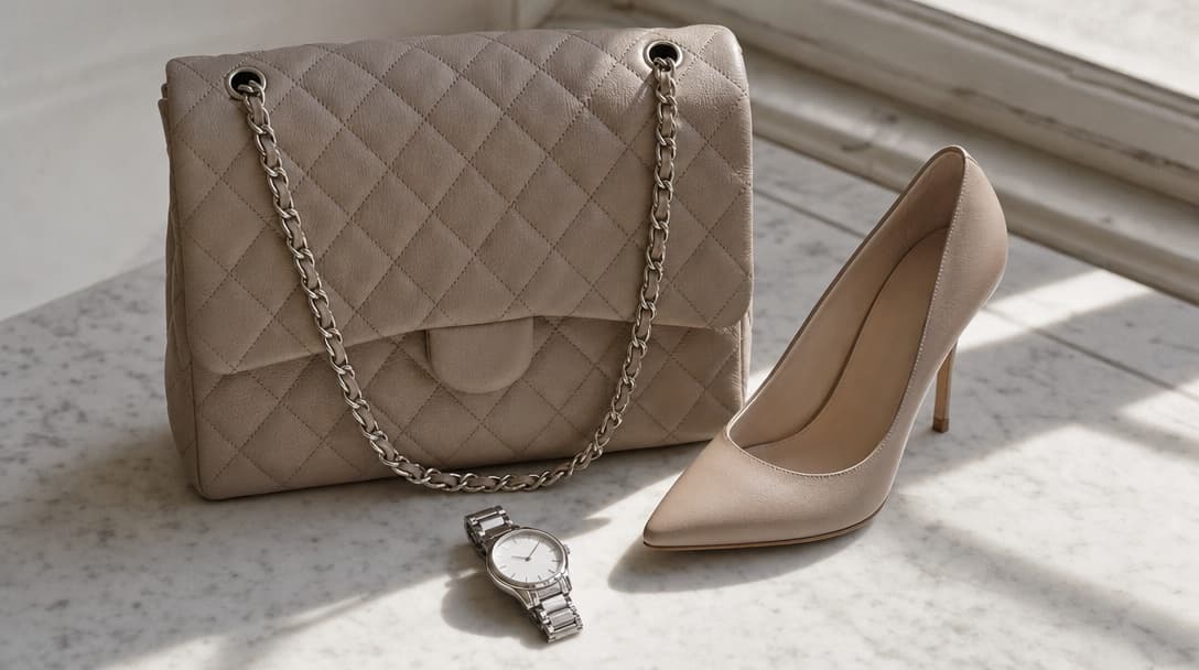 A quilted leather handbag, a high-heeled shoe and a small white-dial watch arranged on pale marble in window light