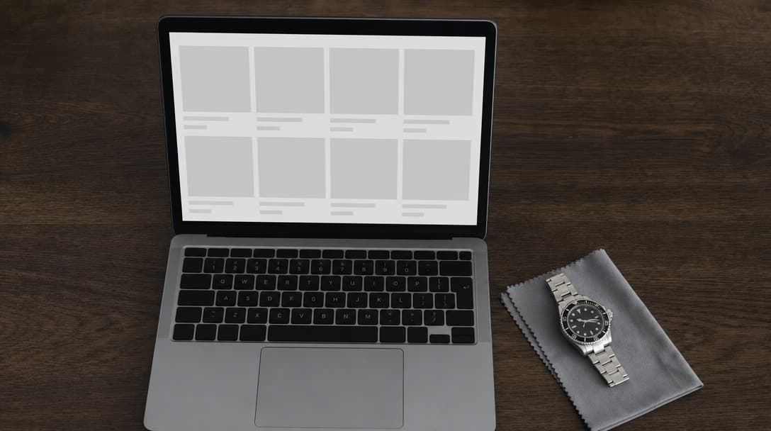 An overhead view of a dark desk with a laptop showing a grey placeholder product grid and a stainless-steel diving watch on a soft cloth