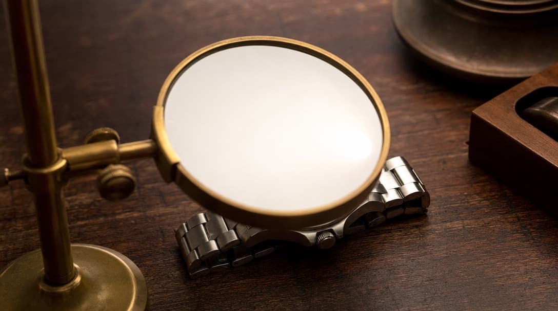 A large magnifying glass on a brass stand angled over a stainless-steel watch, its lens reflecting blank light and revealing nothing beneath