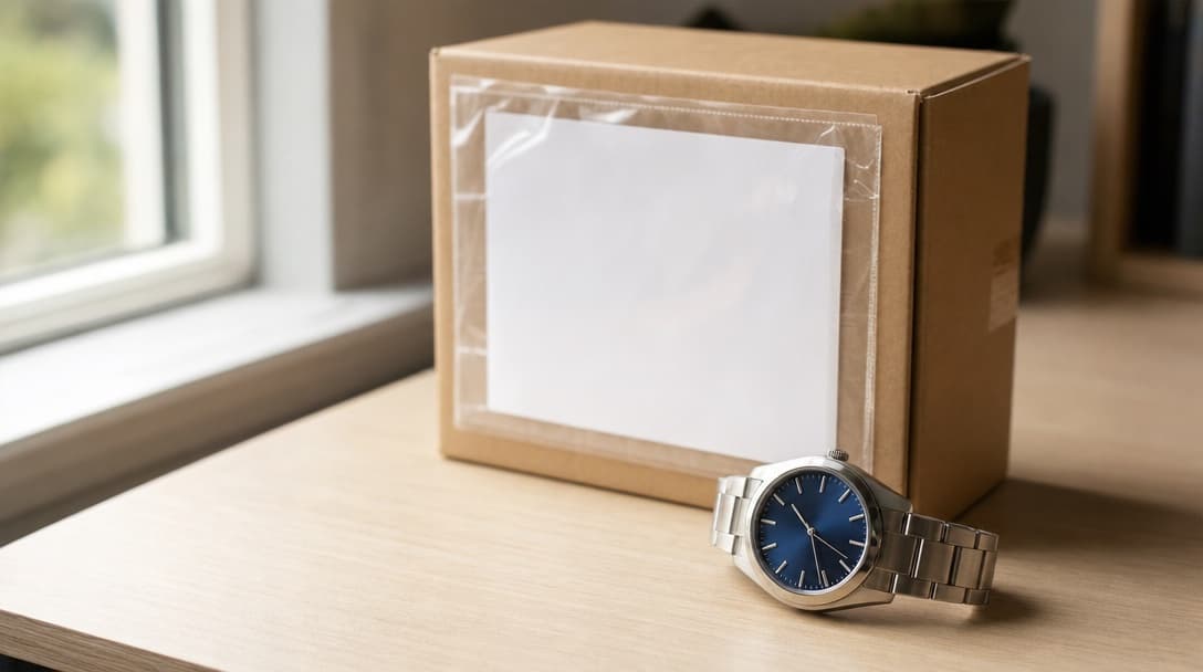 A small brown parcel with a blank customs declaration in a clear sleeve on a desk beside a stainless-steel watch with a blue dial