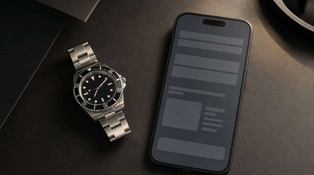 A stainless-steel diving watch with a black bezel on a dark desk beside a smartphone showing a generic grey checkout layout