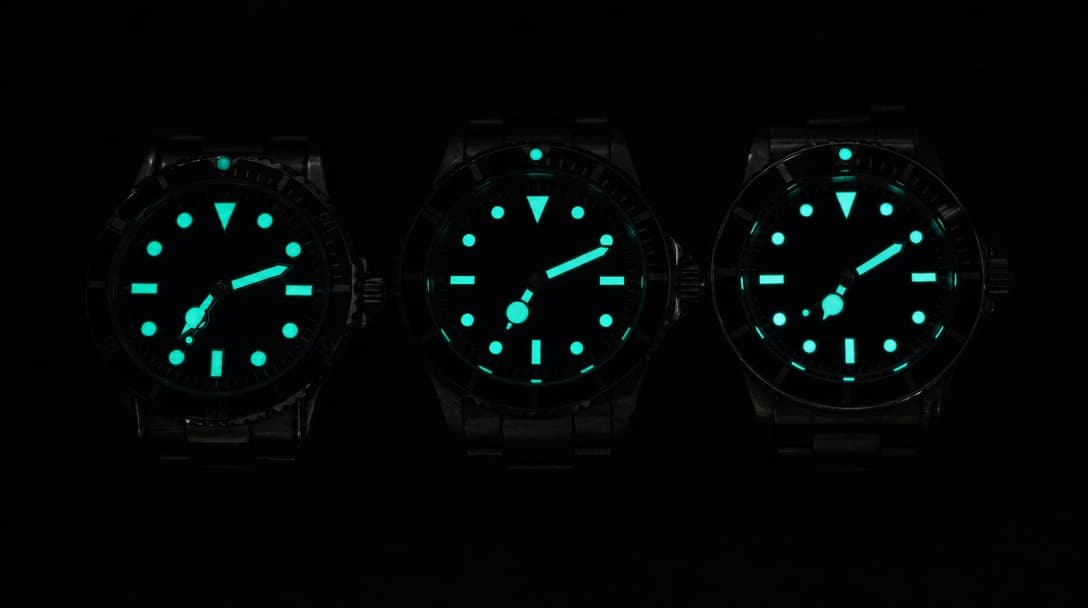 Three stainless-steel dive watches photographed in complete darkness, visible only by the blue-green glow of their luminous markers and hands