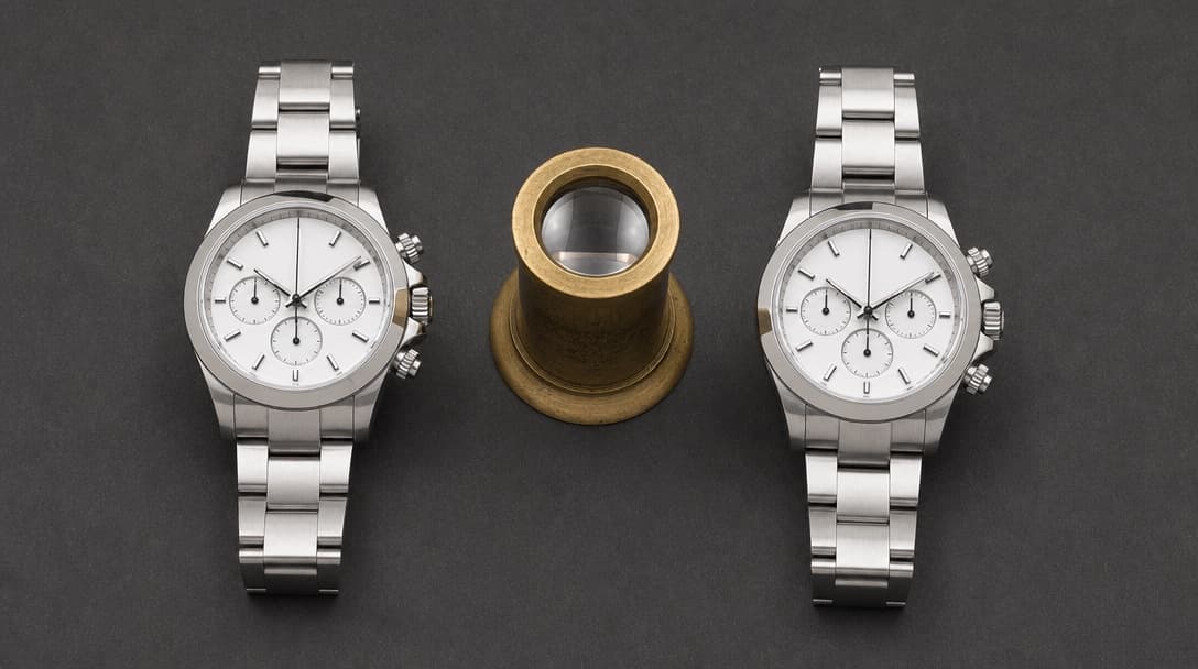 Two nearly identical stainless-steel chronographs with white dials lying parallel on a charcoal surface with a brass jeweller's loupe standing between them
