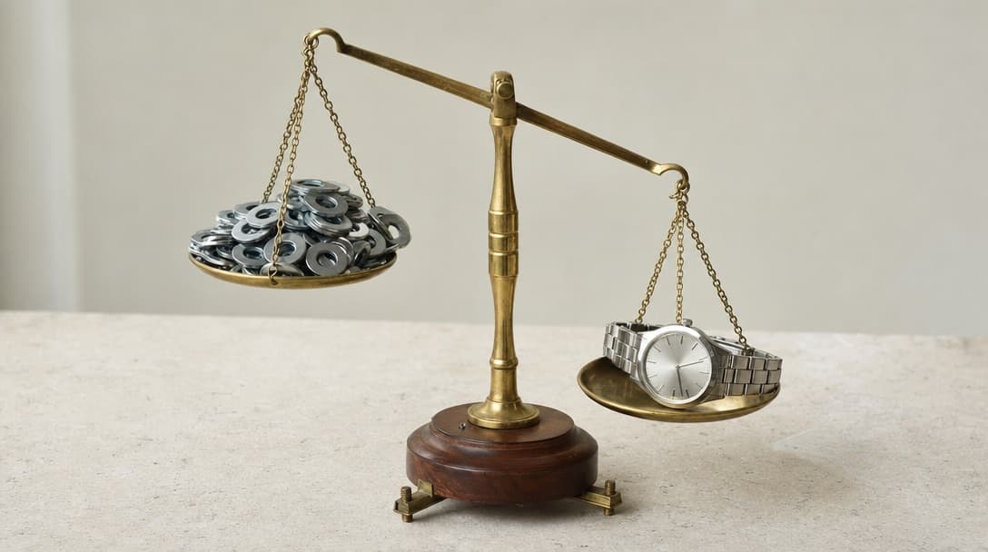 A brass balance scale with one pan piled with plain metal washers sitting higher than the pan holding a single stainless-steel watch
