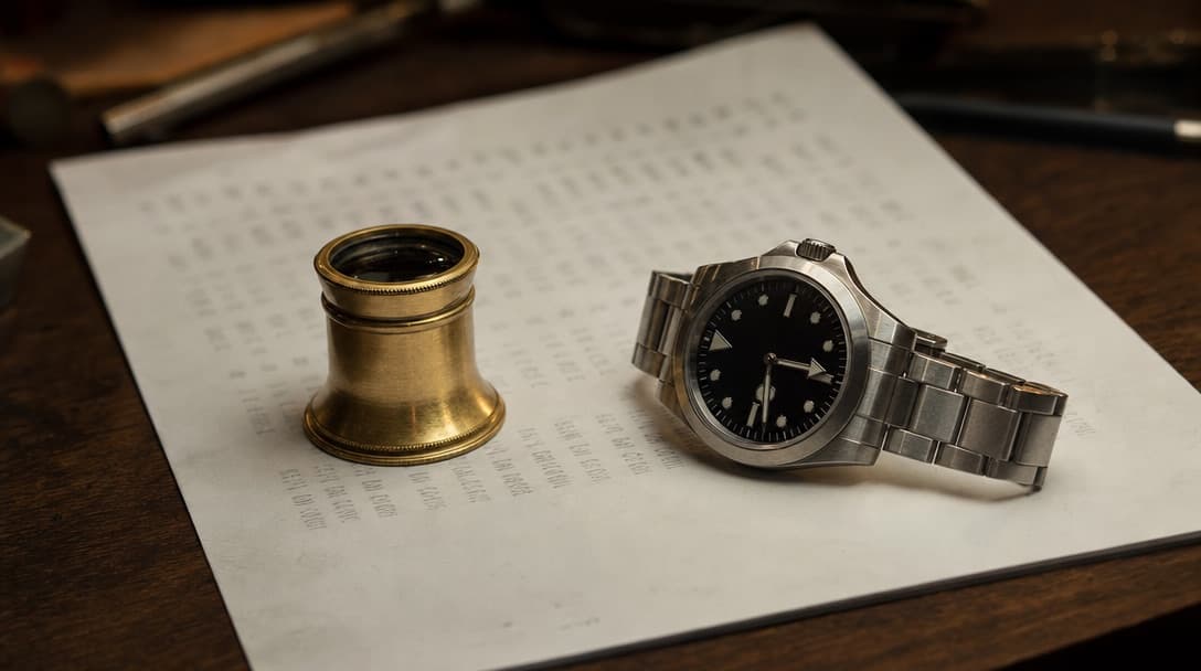 A brass loupe resting on a printed order sheet beside a stainless-steel sports watch on a dark wooden desk