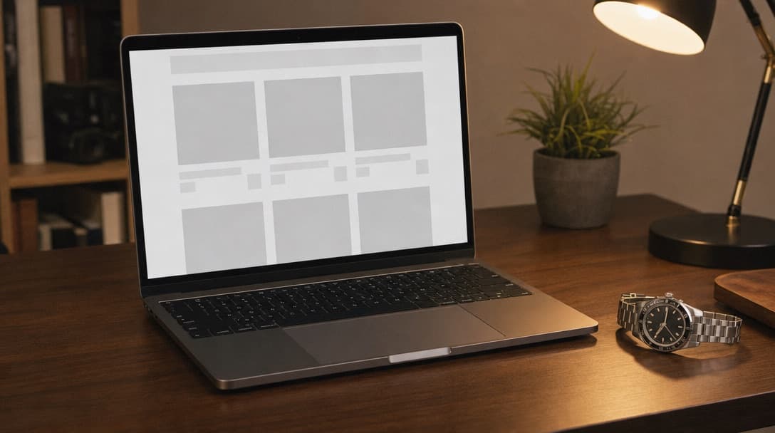 A laptop on a dark desk showing a generic online storefront layout of grey placeholder product tiles, with a stainless-steel sports watch beside it
